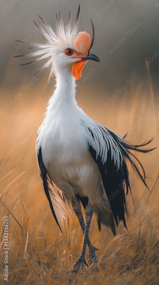 Fototapeta premium Secretary bird stomping in dry grasslands. Vertical