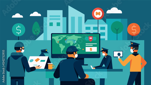 An emergency response team receives a live stream of data on the severity and location of a bank robbery helping them plan their approach.. Vector illustration
