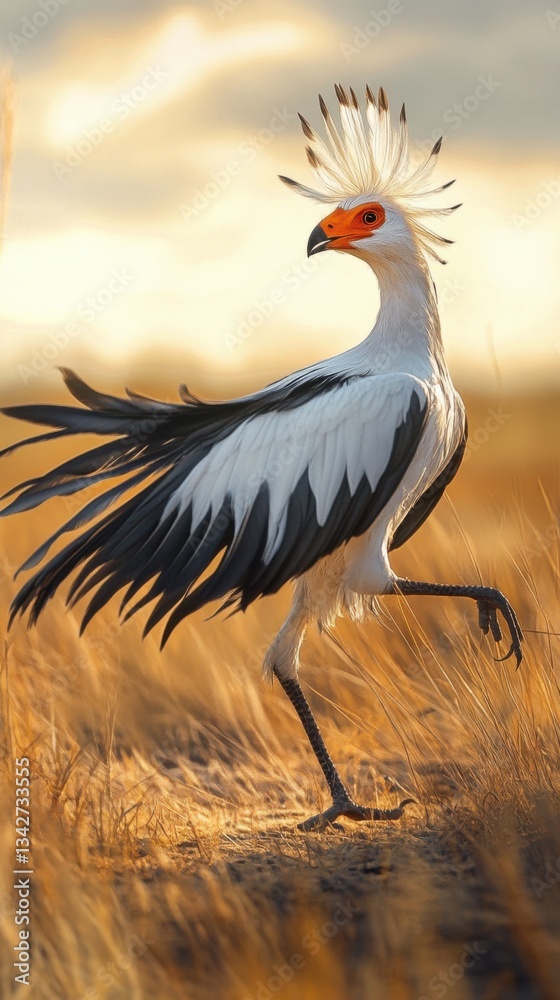 Fototapeta premium Secretary bird stomping confidently in the dry grasslands. Vertical