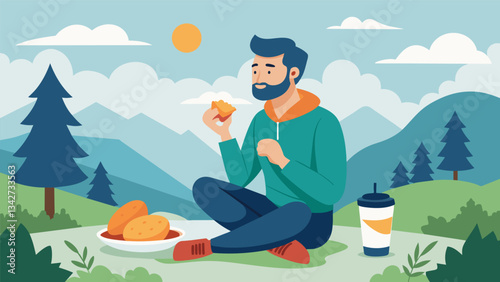 A man practices mindful eating during a hike stopping to enjoy a snack bar and a scenic view. He takes time to tune out any distractions and focus on the fuel and his food is. Vector illustration