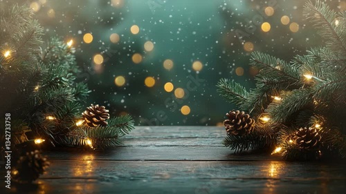 wooden table with a dark green background and golden lights, Christmas tree branches for product display or presentation blurred snowflakes falling in the air