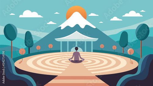 A meditation labyrinth that leads to an outdoor stage where a soulful singer performs songs with uplifting and empowering lyrics.. Vector illustration
