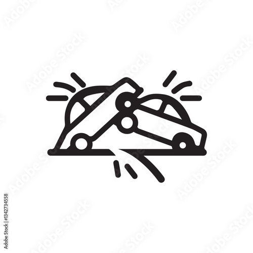 Two cars collide traffic accident black outline icon white background design.