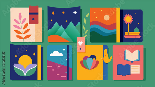 A collection of colorful and artsy journals each one dedicated to a specific aspect of the owners life capturing moments of joy and gratitude.. Vector illustration