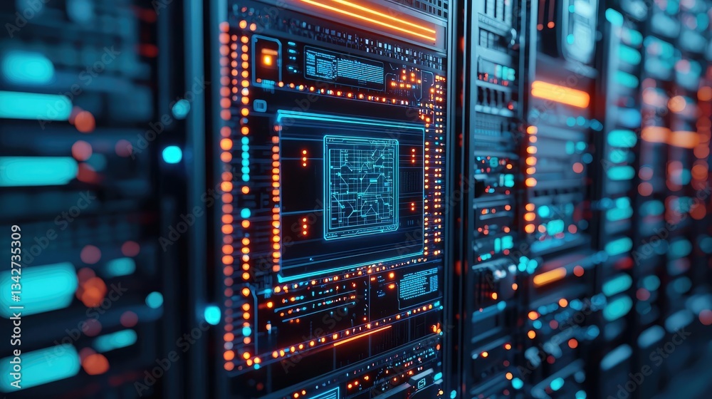 Fototapeta premium Cybersecurity database security in technology transfer concept. Close-up of illuminated server components in a data center.