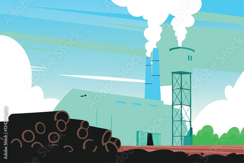 A sprawling biomass energy plant, showcasing neatly stacked wood logs near towering smokestacks.  High-resolution image emphasizing industrial scale.