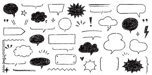 Speech bubble text frame dialog cloud hand drawn set. Crayon chalk doodle talk speech bubble frame. Hand drawn line chalk frame, think balloon, children doodle text cloud icon. Vector illustration.