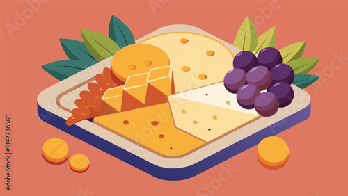 A tray of sliced cheese whole grain crackers and gs arranged in a creative pattern.. Vector illustration
