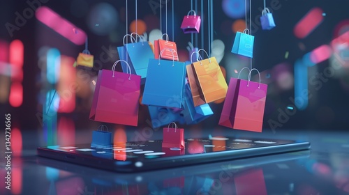 Digital shopping bags and shopping cart icons hanging above a smartphone screen representing online shopping e commerce retail discounts and promotional sales opportunities