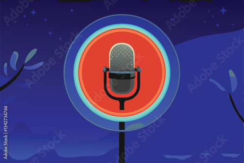 Design a bold, modern podcast vector graphic featuring a stylized microphone, incorporating geometric shapes and vibrant color gradients.