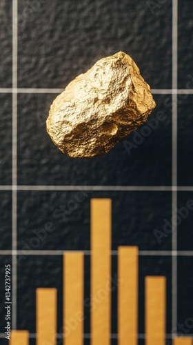 A gold nugget floating above a bar chart, symbolizing gold price volatility, increasing demand, all-time high gold prices, and economic uncertainty.