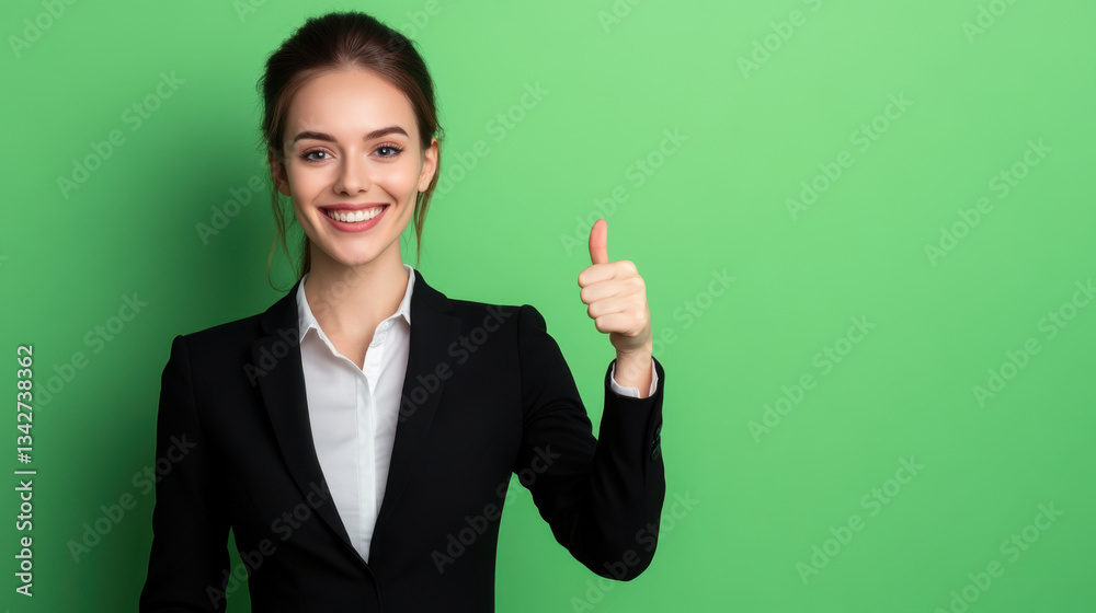 confident businesswoman in formal attire smiles and gives thumbs up gesture against green background, conveying positivity and professionalism confident businesswoman in formal attire smiles and gives thumbs up gesture against green background, conveying positivity and professionalism