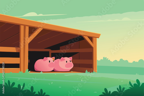 Create a charming cartoon illustration of a pig farm, depicting happy pigs in various activities, showcasing idyllic rural farm life.