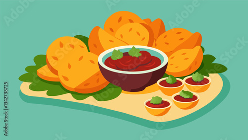 A spread of homemade veggie chips made from squash and carrot served with a tangy pomegranate and balsamic reduction dip.. Vector illustration