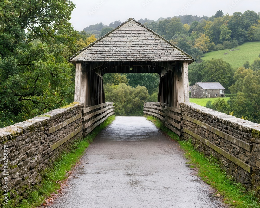 Stone and timber bridge with a covered roof, crossing a narrow river, leading to a remote rural village Stone and timber bridge with a covered roof, crossing a narrow river, leading to a remote rural village