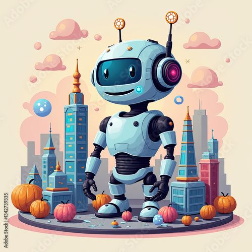 Cute Robot in Cityscape with Pumpkins - Whimsical illustration style
