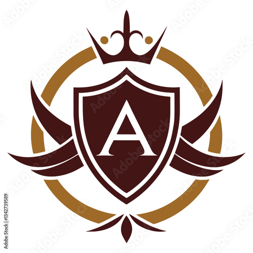 Gold heraldic shield vector design featuring royal emblems and star insignia