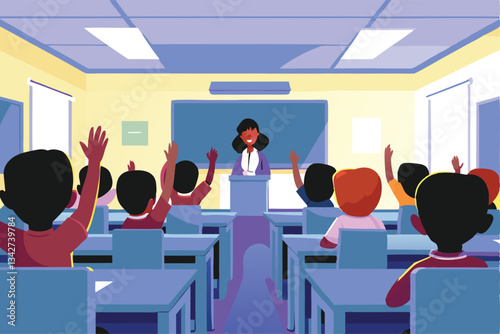 A vibrant classroom scene depicting enthusiastic elementary school children actively participating in a lesson, raising their hands eagerly to answer questions.