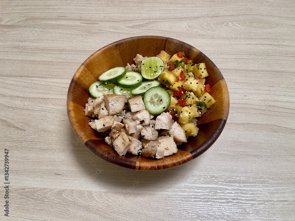 Healthy food. Healthy bowl. Chicken rice with pineapples and cucumbers mixed salad
