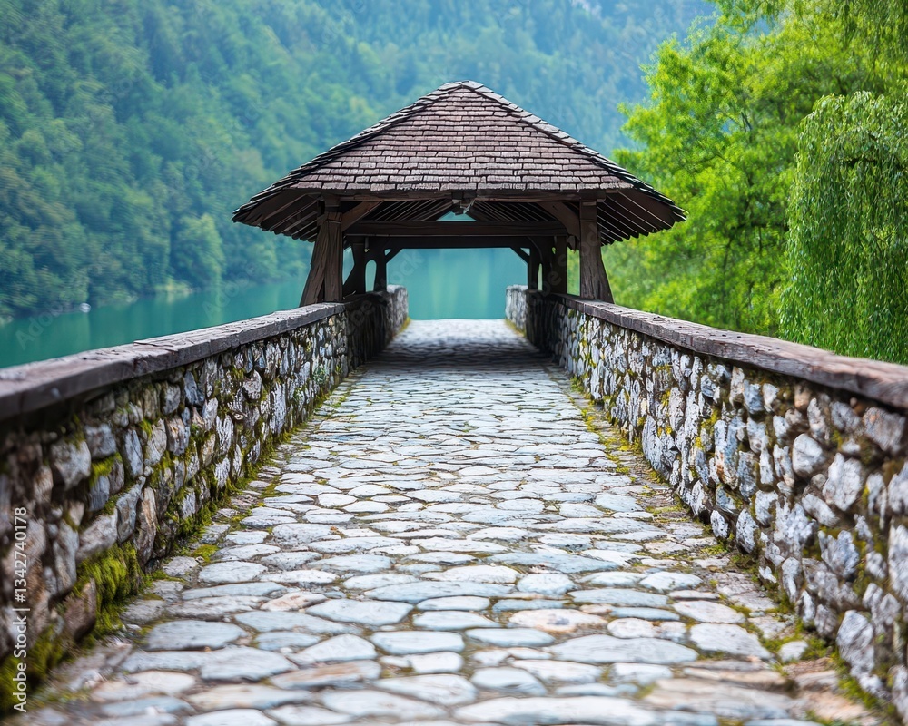 Obraz premium Stone and timber bridge with a covered roof, crossing a narrow river, leading to a remote rural village