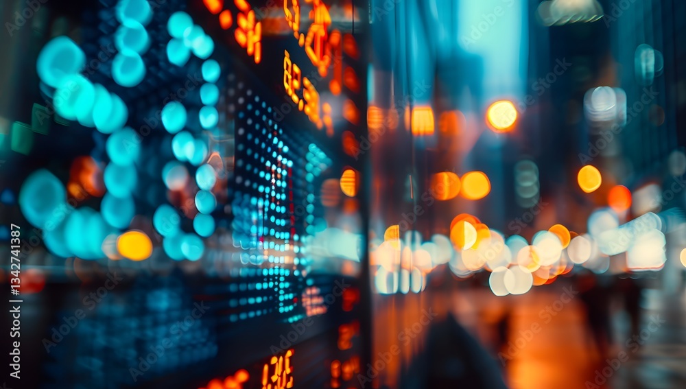 Stock Market Data Display on Digital Screen at Night with City Lights Stock Market Data Display on Digital Screen at Night with City Lights
