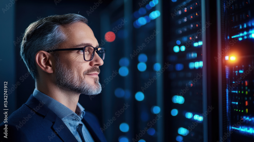 focused man in glasses stands near server rack, observing data lights with thoughtful expression. environment is high tech and modern, reflecting professional atmosphere focused man in glasses stands near server rack, observing data lights with thoughtful expression. environment is high tech and modern, reflecting professional atmosphere