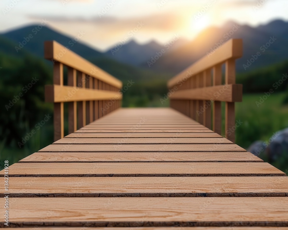 Obraz premium Wooden trestle bridge stretching across a valley, connecting two agricultural hills in a rural setting