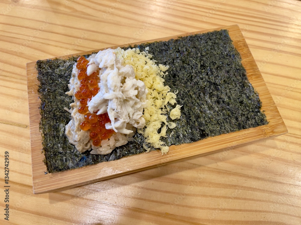 Japanese food, hand rolls. Sushi sashimi seafood