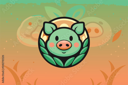 Design a charming logo for a pig farm;  a smiling piglet as the central focus,  farmhouse style, rustic, friendly, approachable.