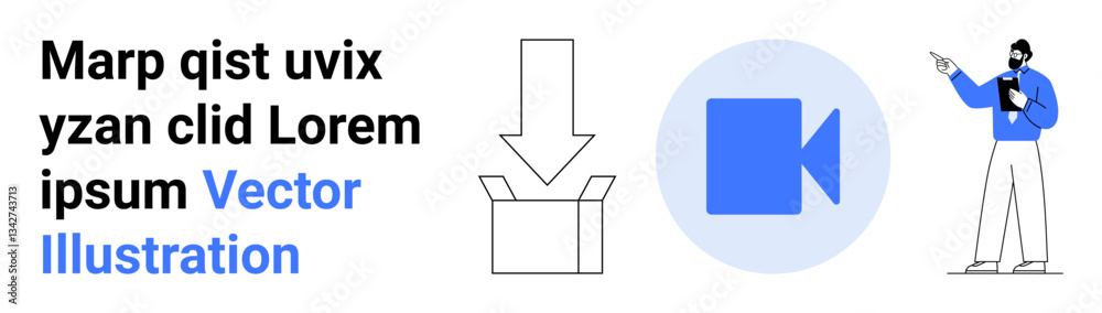 Illustration of a box, download arrow, video icon, and a presenter pointing to text. Ideal for technology, education, tutorials, presentations, e-learning communication and simple landing page Illustration of a box, download arrow, video icon, and a presenter pointing to text. Ideal for technology, education, tutorials, presentations, e-learning communication and simple landing page