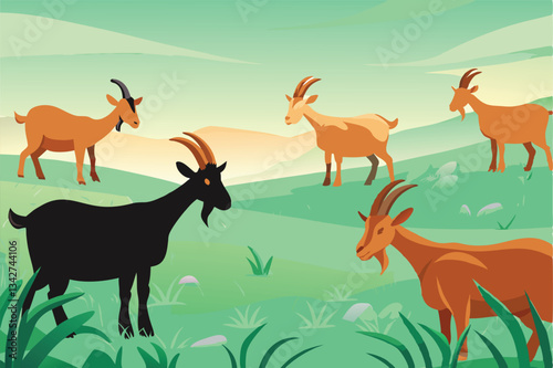 Create a detailed isometric illustration of a thriving goat ranch, showcasing grazing goats, barns, fences, and rolling hills.  Include realistic textures and lighting.