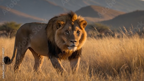 Wallpaper Mural The Hunter's Dawn: Southwest African Lion Stalking Through Misty Grass with Mountain Backdrop Torontodigital.ca