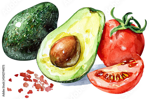 A vibrant watercolor depiction of an avocado, a tomato, and seasoning, highlighting their fresh and colorful nature.