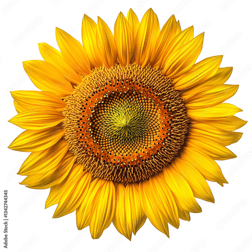 Fototapeta premium Radiant Sunflower Blossom Close Up on White or Transparent Background Showing Texture