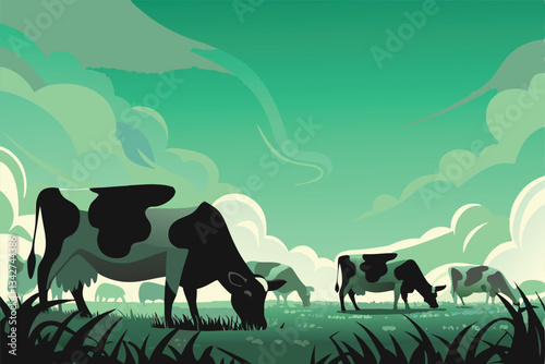 Create a detailed vector illustration of a pastoral scene several cows peacefully grazing on lush green pasture, sunlit, with highly detailed textures on the cows and grass.