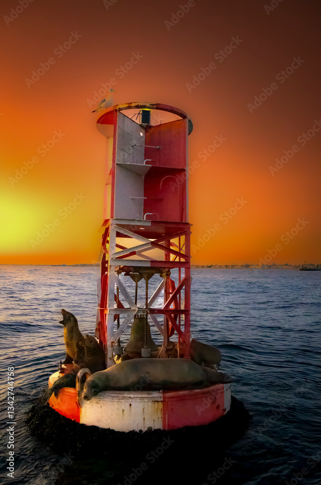 A buoy full of seals in the middle of the ocean with a dramatic sky background