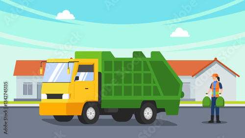 female street cleaners working at road. City landscape with janitors and garbage truck flat vector illustration. Cleaning service concept