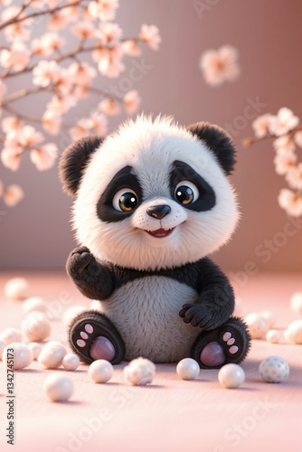 Adorable Baby Panda Amid Cherry Blossom Bliss, created with generative AI technology	
