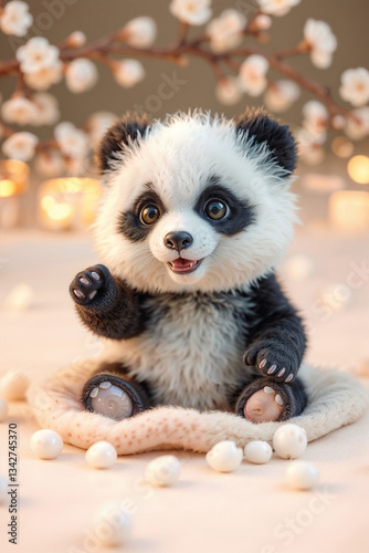 Adorable Baby Panda Amid Cherry Blossom Bliss, created with generative AI technology	
