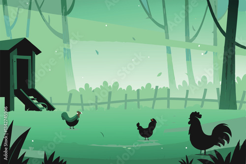 A vibrant farmyard scene depicting hens and roosters actively pecking at the ground, showcasing rustic farm buildings in the background.