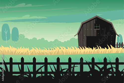 Create a flat design vector illustration of a rustic farm scene, including a barn, fields, and farm animals.  Focus on simplicity and bright colors.