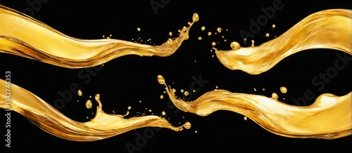 Golden Liquid Splashes Flowing on Black Background, Vibrant and Dynamic with WaveLike Effect and Scattered Droplets.