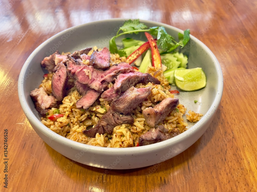 Thai spicy fried rice with beef steak