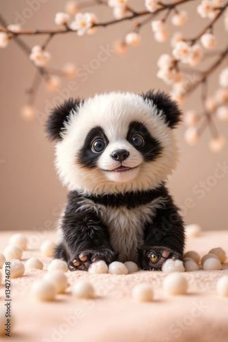 Adorable Baby Panda Amid Cherry Blossom Bliss, created with generative AI technology	
