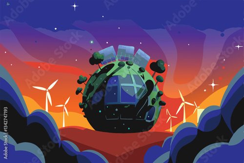A vibrant, futuristic eco-planet, lush and green, floats serenely amidst a breathtaking nebula, encircled by rings of floating renewable energy structures.