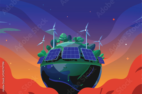 A vibrant, futuristic eco-planet, meticulously detailed, floats amidst a swirling nebula of recycled resources.  Show advanced sustainable technology.