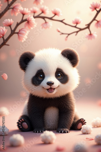 Adorable Baby Panda Amid Cherry Blossom Bliss, created with generative AI technology	
