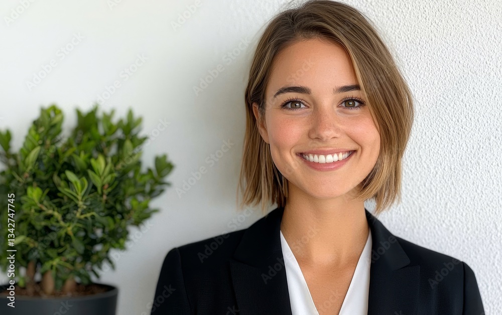 A smiling woman in a professional outfit poses against a neutral backdrop with a small green plant, exuding confidence and positivity. A smiling woman in a professional outfit poses against a neutral backdrop with a small green plant, exuding confidence and positivity.
