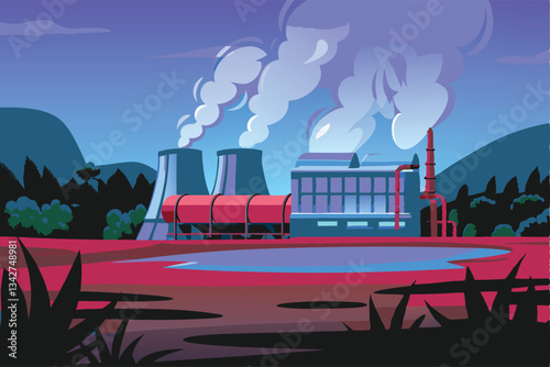 Geothermal power plant's steam plumes rise majestically near a vibrant hot spring, nestled in a dramatic mountain col.  Capture the contrast of nature and industry.