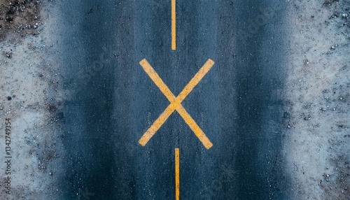 Aerial view of a road featuring distinct yellow markings that form an 